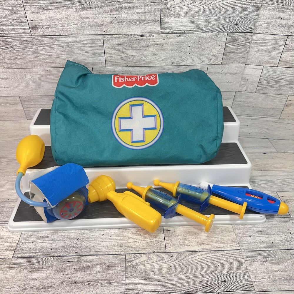 Vintage 2004 Fisher-Price Doctor Bag Medical Kit Toys 3+ Teal Blue Kids Roleplay